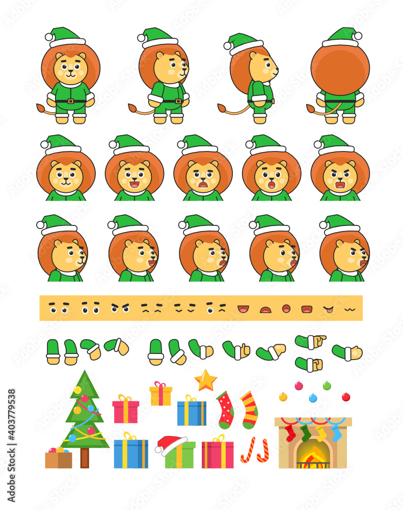 Lion in green Christmas outift creation set, various Christmas design elements. Vector illustration bundle