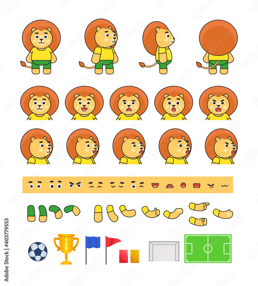 Fototapeta premium Lion football player creation set, various soccer design elements. Vector illustration bundle
