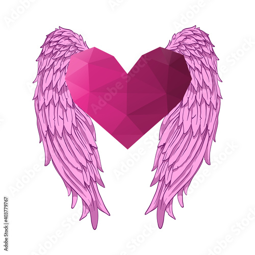 Heart with angel wings. Valentines day banner, placard, postcard design template. Fashion print vector. Polygonal clip art illustration. 