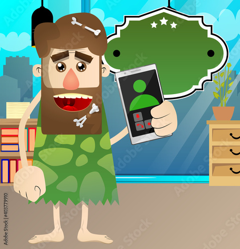 Cartoon man from prehistoric era holding a cell phone in his hand. Vector illustration of a man from the stone age.