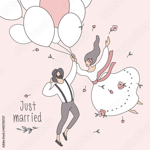 Just married. Wedding. The bride and groom fly on balloons. Wedding invitation template