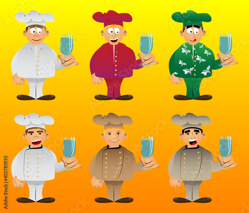 Fat male cartoon chef in uniform with a glass of water. Vector illustration.