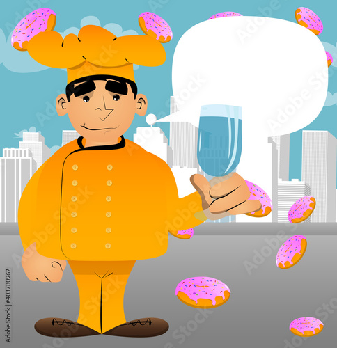 Fat male cartoon chef in uniform with a glass of water. Vector illustration.