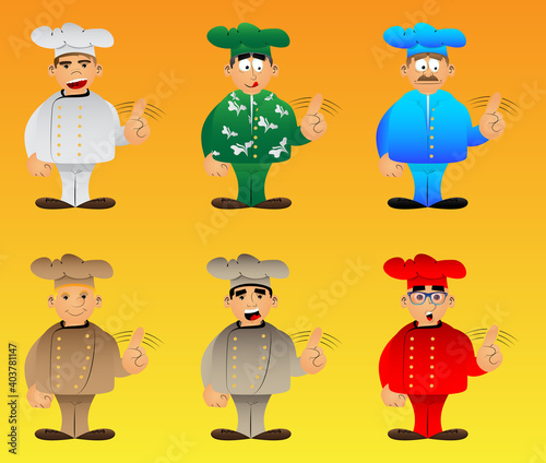 Fat male cartoon chef in uniform saying no with his finger. Vector illustration.