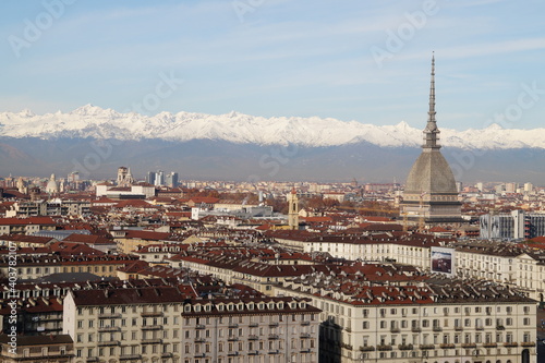 Turin: panoramic view of the city, the Mole Antonelliana Tower and the Alps  © irbismarengo