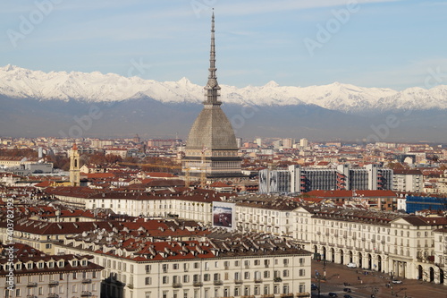 Turin: panoramic view of the city, the Mole Antonelliana Tower and the Alps

