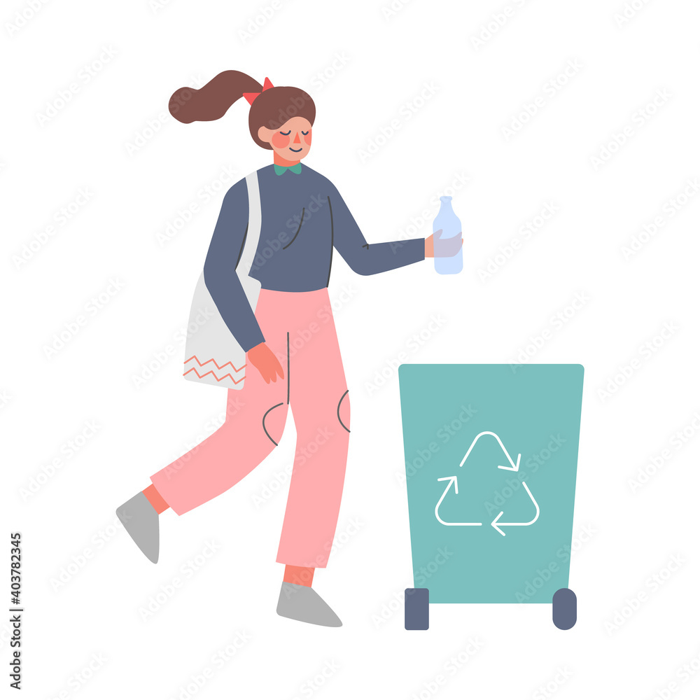 Woman Throwing Plastic Trash in Container with Recycling Symbol Cartoon Style Vector Illustration Woman Throwing Plastic Trash in Container with Recycling Symbol Cartoon Style Vector Illustration