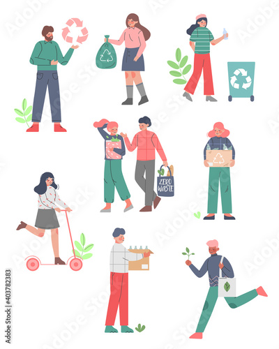 People Caring about Environment and Ecology Set, Men and Women Gathering Garbage for Recycling, Using Eco Bags and Choosing Eco Friendly Lifestyle Vector Illustration