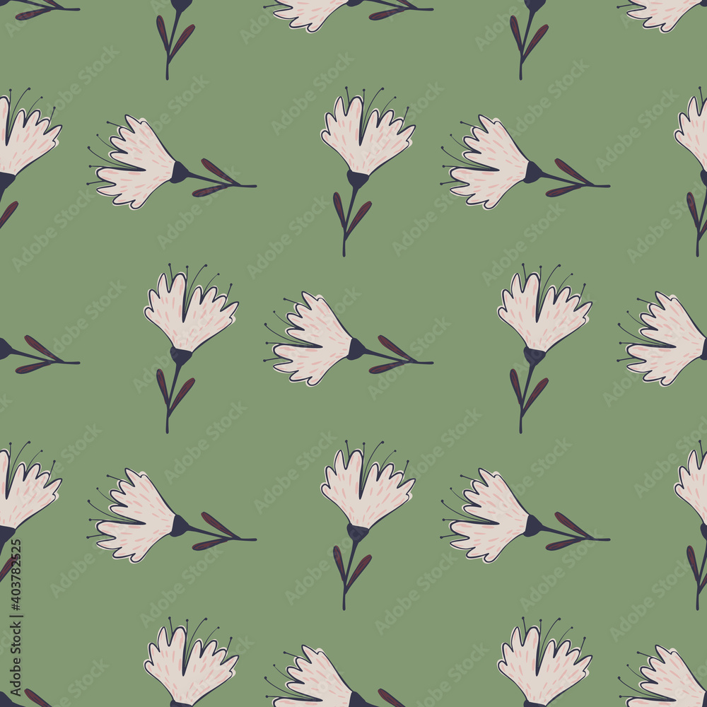 Cartoon seamless tender pattern with white flower ornament. Green light background. Cartoon seamless tender pattern with white flower ornament. Green light background.