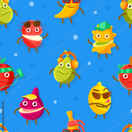 Funny Exotic Fruits Characters Seamless Pattern Can be Used for Background, Textile, Packaging, Wallpaper, Wrapping Paper Design Vector Illustration