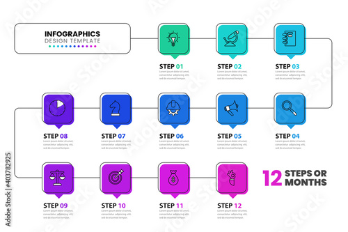 Infographic design template. Timeline concept with 12 steps