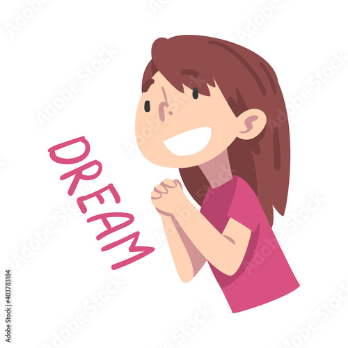 Cute Dreaming Girl, Child with Dreamy Facial Expression Cartoon Style Vector Illustration