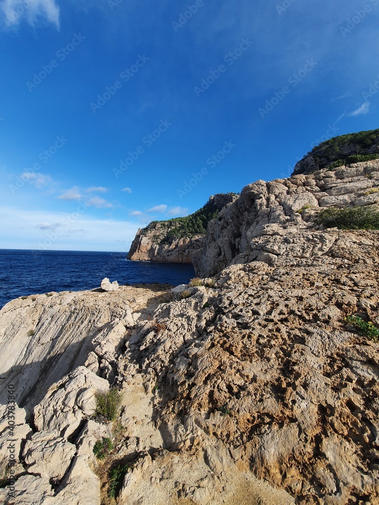 Views from 'Cala Aubarca', coastline from Ibiza. Views of sea and rocks from the mountain. On a winter day