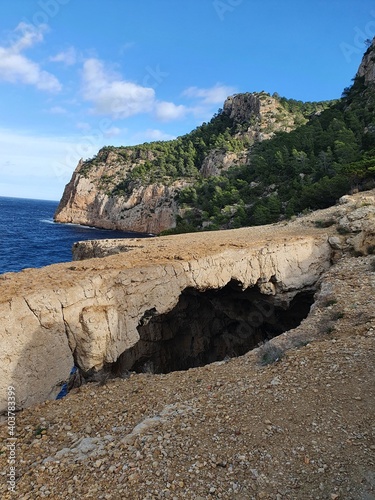 Views from 'Cala Aubarca', coastline from Ibiza. Views of sea and rocks from the mountain. On a winter day
