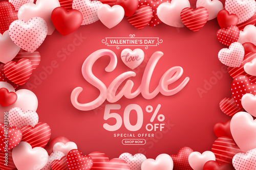 Valentine's Day Sale 50% off Poster or banner with many sweet hearts and on red background.Promotion and shopping template or background for Love and Valentine's day concept.