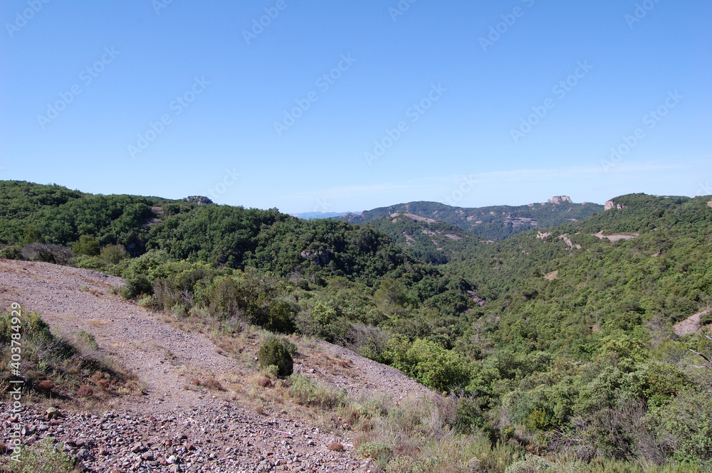 Panorama of the mountains and forests of La Mola, in Catalonia. Catalunya, Bages, Barcelona.
