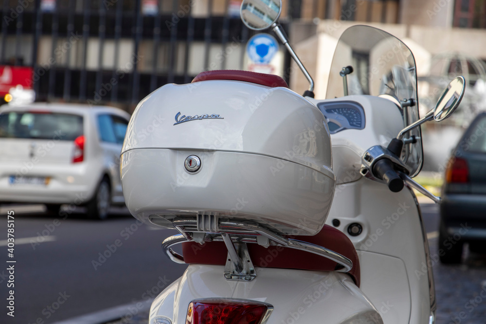 Funchal, Portugal, 20190427, Street of Funchal. White Vespa scooter