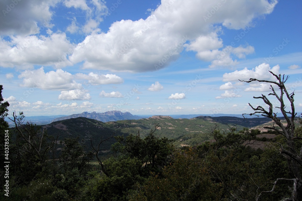 Panorama of the mountains and forests of La Mola, in Catalonia. View of Montserrat. Catalunya, Bages, Barcelona.
