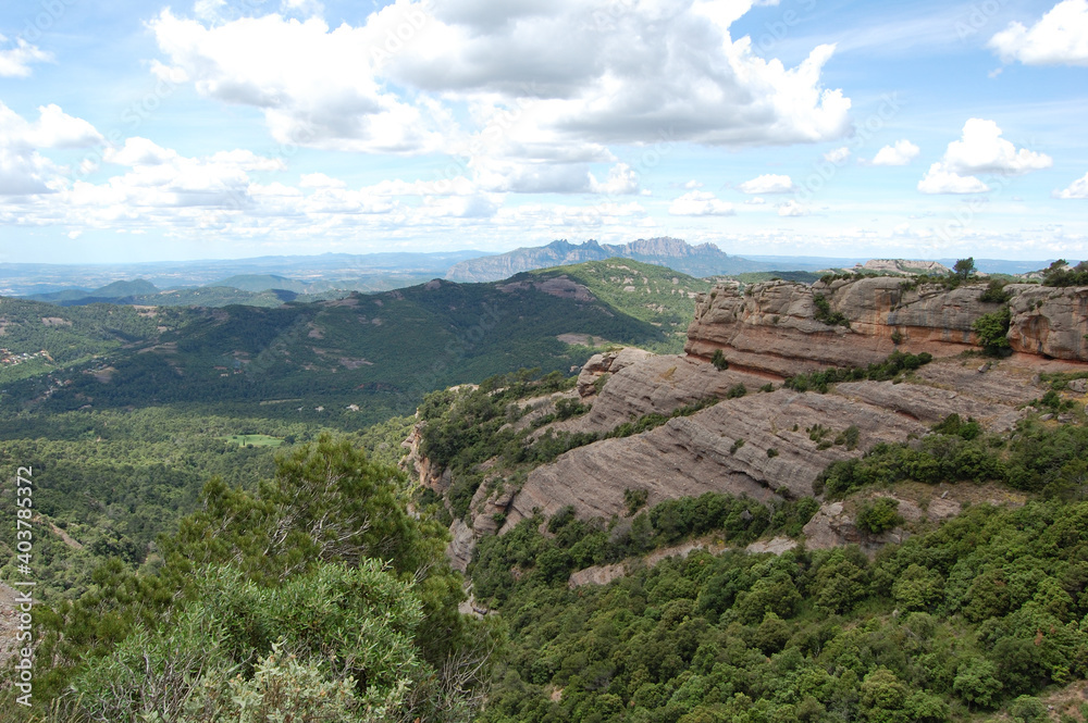 Panorama of the mountains and forests of La Mola, in Catalonia. Catalunya, Bages, Barcelona.
