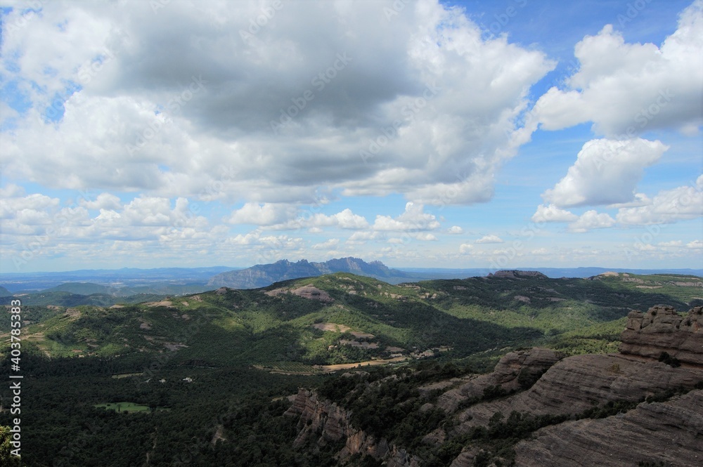 Panorama of the mountains and forests of La Mola, in Catalonia. View of Montserrat. Catalunya, Bages, Barcelona.
