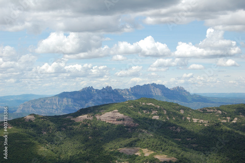 Panorama of the mountains and forests of La Mola, in Catalonia. View of Montserrat. Catalunya, Bages, Barcelona. 