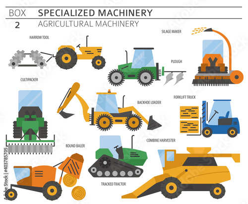 Special agricultural machinery colored vector icon set isolated on white. Illustration