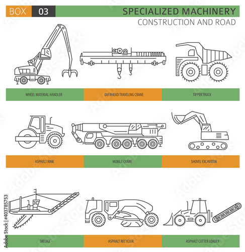 Special industrial construction and road machine linear vector icon set isolated on white