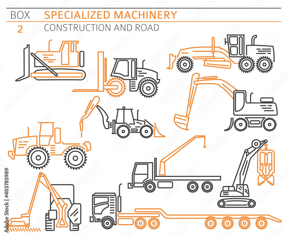 Special industrial construction and road machine linear vector icon set isolated on white Special industrial construction and road machine linear vector icon set isolated on white