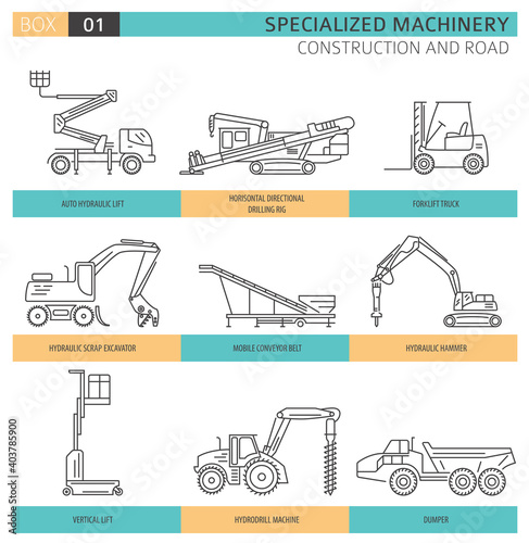 Special industrial construction and road machine linear vector icon set isolated on white