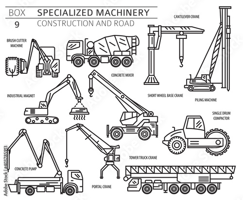 Special industrial construction and road machine linear vector icon set isolated on white