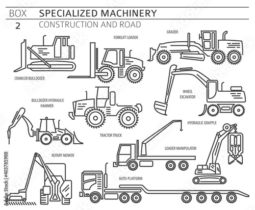 Special industrial construction and road machine linear vector icon set isolated on white