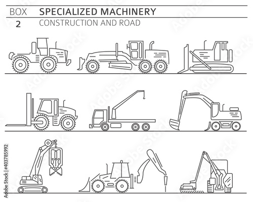 Special industrial construction and road machine linear vector icon set isolated on white