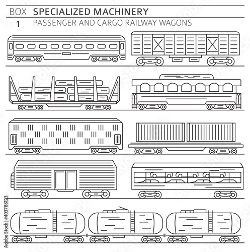 Special machinery collection. Passenger and cargo railway wagons linear vector icon set isolated on white