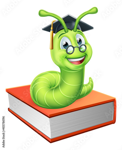 A bookworm caterpillar worm cartoon character education mascot sitting on a pile of books wearing graduation mortar board hat and glasses