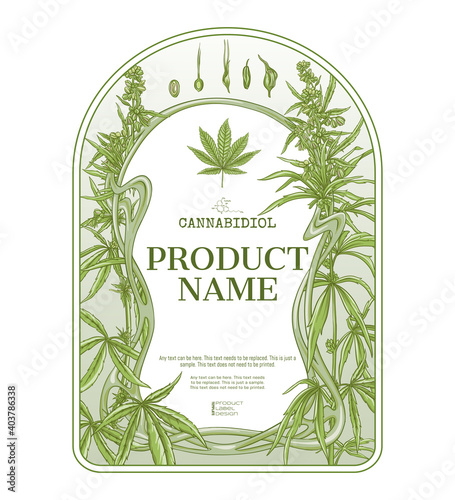 Cannabis Template for product label, cosmetic packaging. Easy to edit. In art nouveau style, vintage, old, retro style. Isolated on white background..