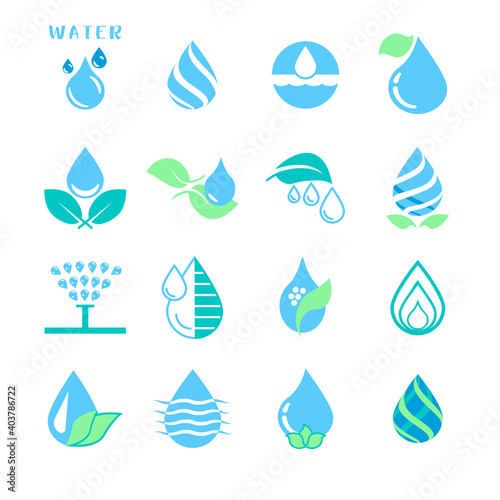 Vector set of water drop icons on leaves, watering, irrigation, on a white background.