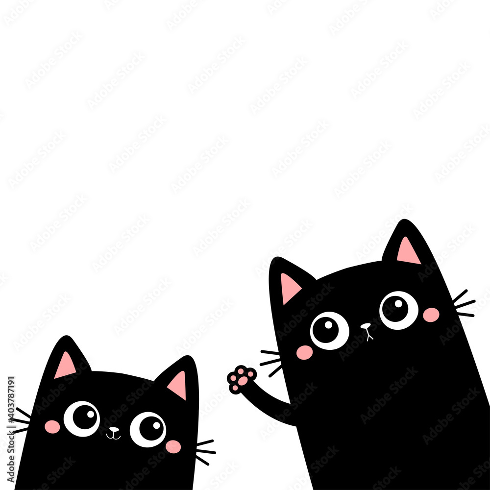 Obraz premium Funny cat set. Waving hand. Black silhouette. Pink paw print. Cute cartoon kawaii face character. Pet baby collection. Notebook cover. Flat design. Scandinavian style. White background. Isolated.