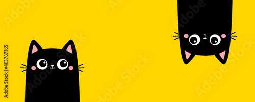 Two black kitten face head. Cat set line banner. Hanging upside down. Funny Cute kawaii cartoon baby character. Notebook sticker print template. Happy Halloween. Flat design. Yellow background