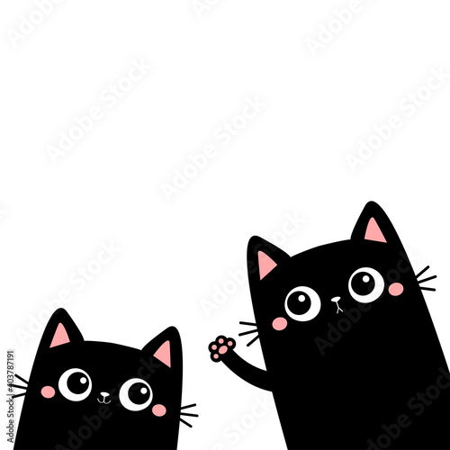 Funny cat set. Waving hand. Black silhouette. Pink paw print. Cute cartoon kawaii face character. Pet baby collection. Notebook cover. Flat design. Scandinavian style. White background. Isolated.