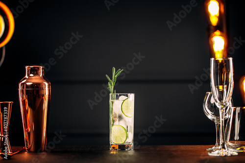 Fresh gin tonic cocktail with rosemary and lime on the wooden table