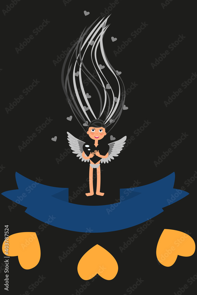 Black card for Valentine's Day. Cupid girl with long hair