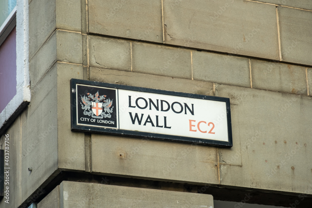 London- London Wall street sign, a major street in the City of London