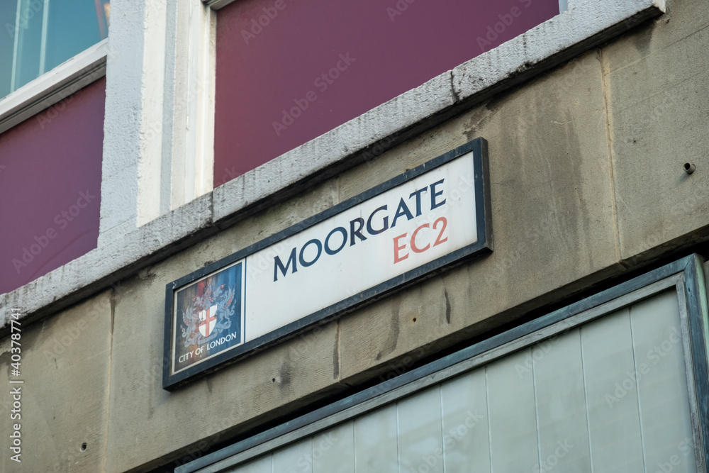 London: Moorgate street sign, a major street in the City of London