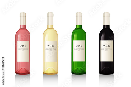 Set of wine bottles isolated on white background. Wine bottle, made in a realistic style. Alcoholic drink. White and red wine. Vector illustration