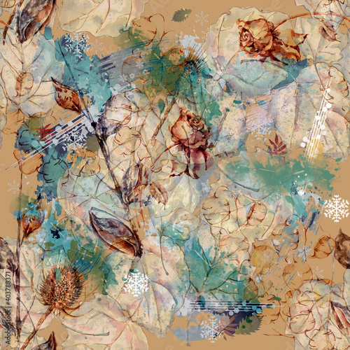 Flowers with leaves drawing in watercolor. Autumn composition. Seamless pattern on bronze background.
