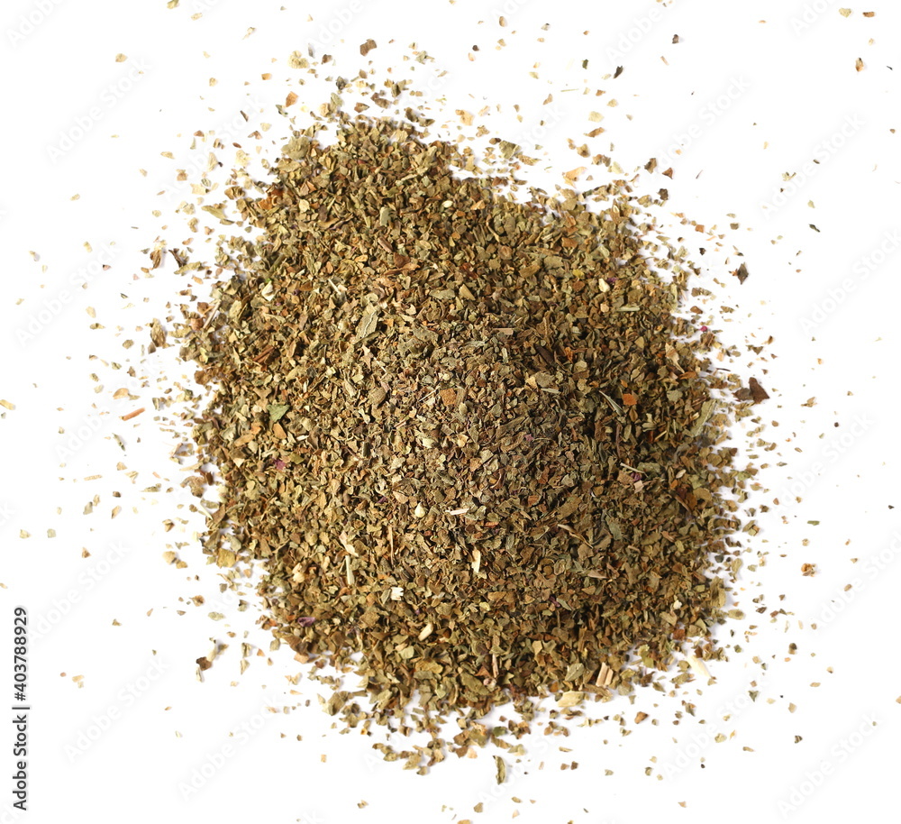 Dried and chopped basil spice pile isolated on white background, top view Dried and chopped basil spice pile isolated on white background, top view