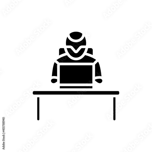 Office robot glyph icon. Robotization. Artificial intelligence. Smart emerging technologies. Contemporary office. Futuristic workspace innovations concept. Isolated silhouette vector illustration