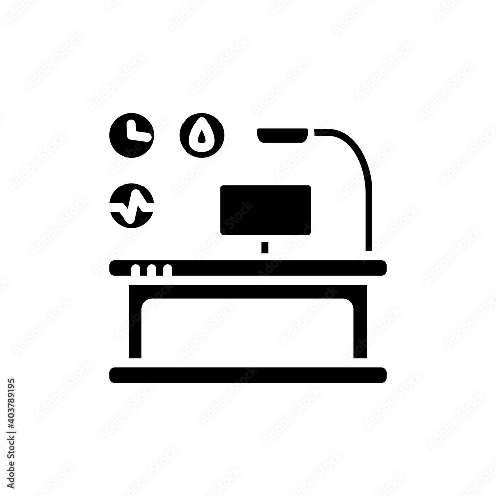 Health focused desktop glyph icon. Smart office table. Smart emerging technologies. Contemporary workplace. Futuristic office workspace innovations concept. Isolated silhouette vector illustration Health focused desktop glyph icon. Smart office table. Smart emerging technologies. Contemporary workplace. Futuristic office workspace innovations concept. Isolated silhouette vector illustration