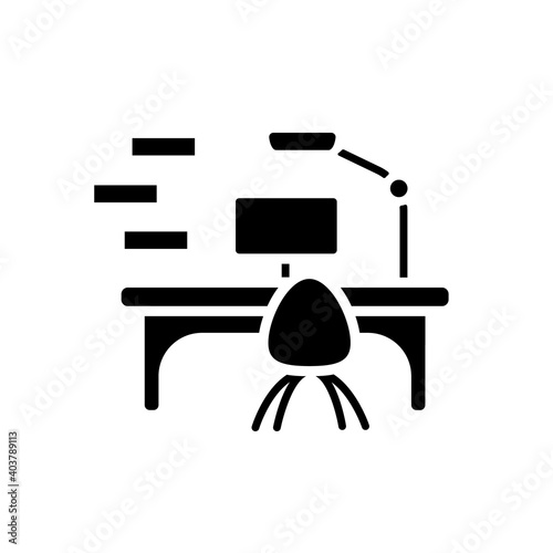 Modern workplace glyph icon. Smart table filled flat sign. Flexible work surface. Smart emerging technologies. Futuristic office workspace innovations concept. Isolated silhouette vector illustration