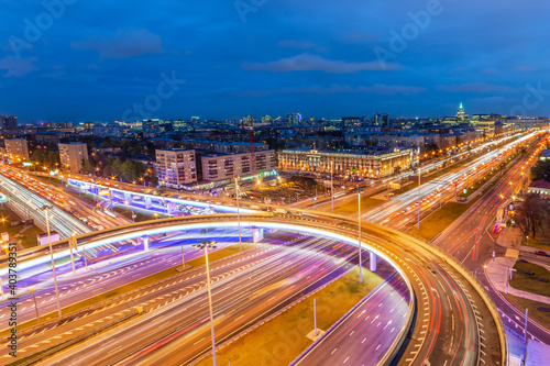 Big city lights. Multi-level junction with the bright night light trails.